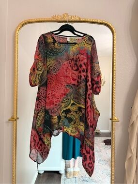 Plus Size Paisley & Animal Print Asymmetric Tunic - Red Multicolor